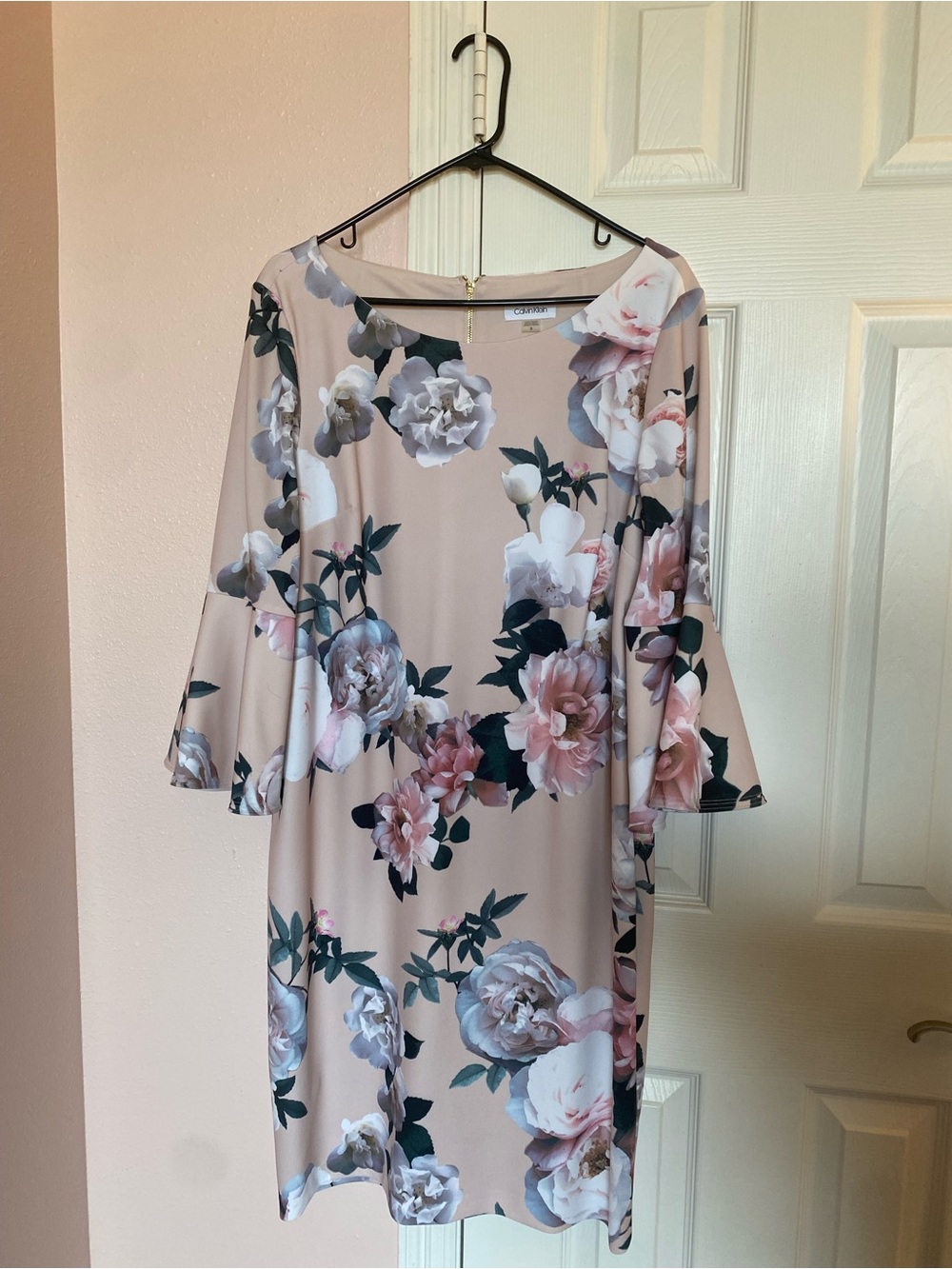 Calvin Klein Blush Floral Bell-Sleeve Midi Dress